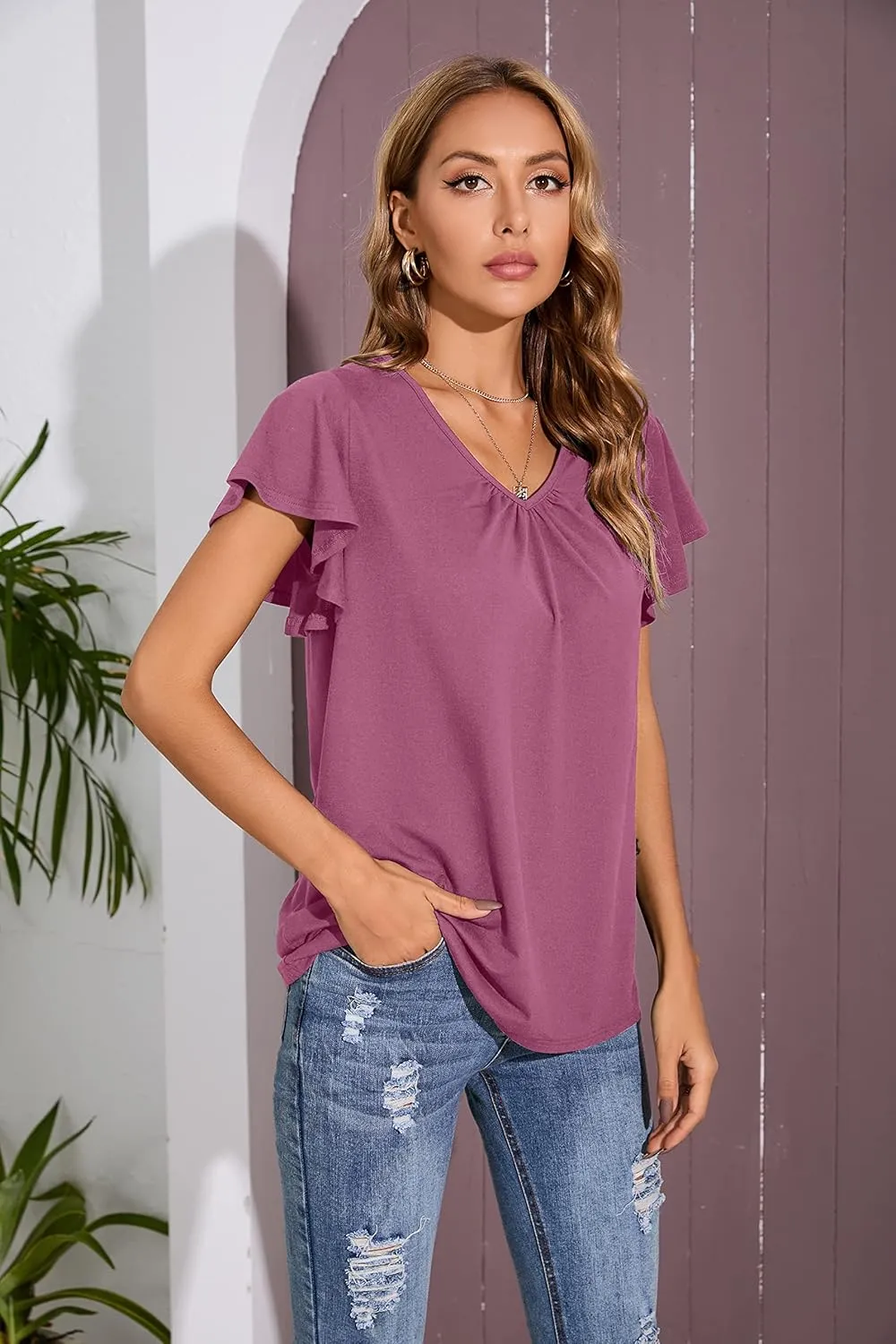Iandroiy Women's Casual Shirred V-Neck Top Ruffle Short Sleeve Shirts Basic Pleated Top