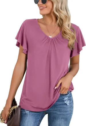 Iandroiy Women's Casual Shirred V-Neck Top Ruffle Short Sleeve Shirts Basic Pleated Top