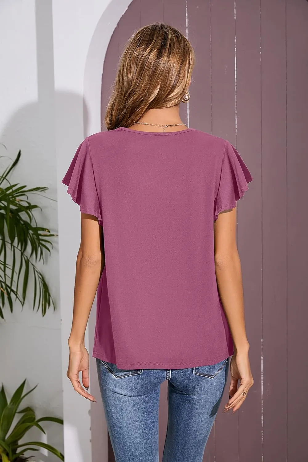 Iandroiy Women's Casual Shirred V-Neck Top Ruffle Short Sleeve Shirts Basic Pleated Top