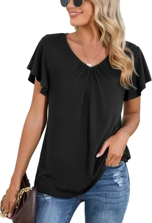 Iandroiy Women's Casual Shirred V-Neck Top Ruffle Short Sleeve Shirts Basic Pleated Top