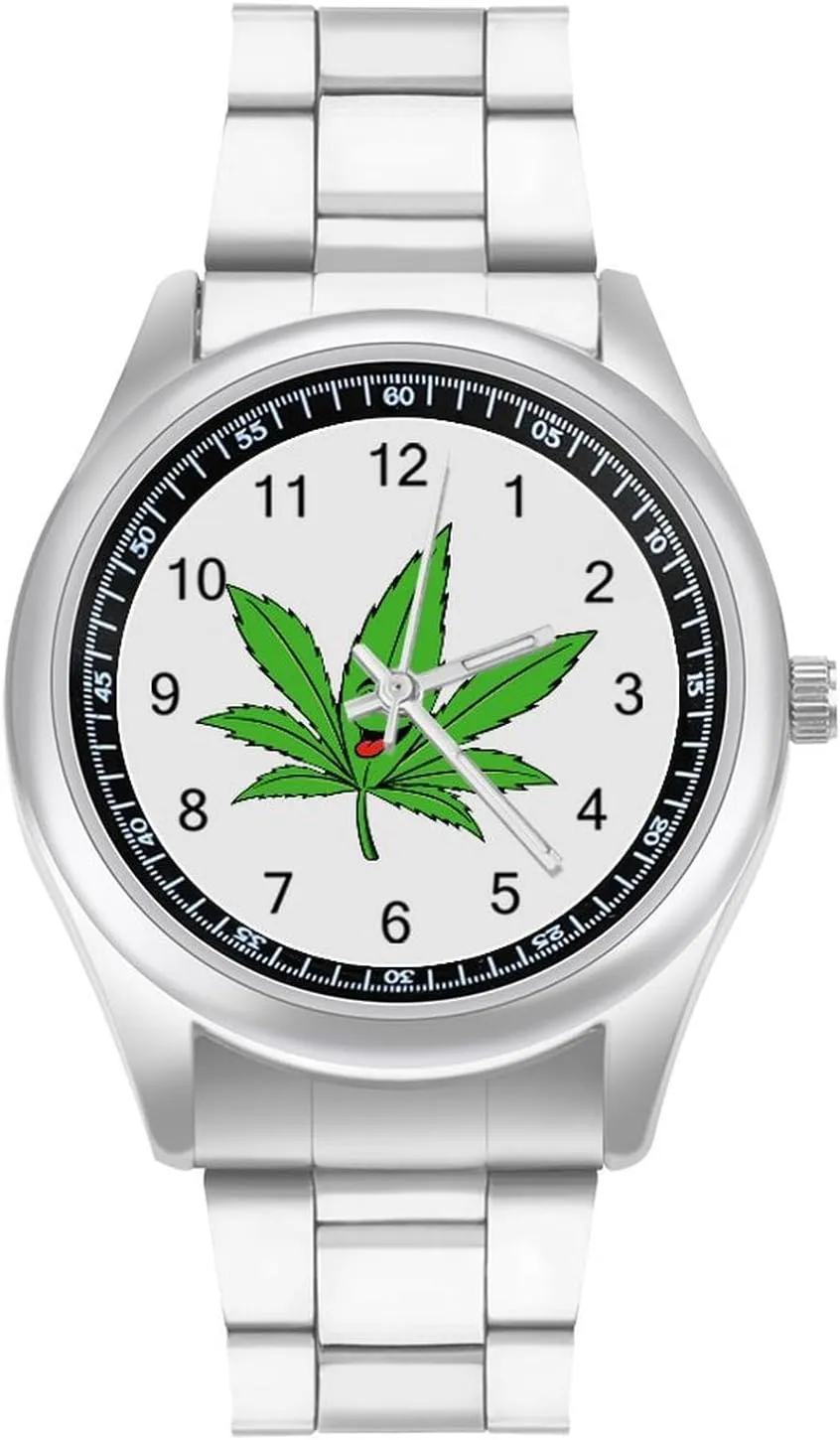 Interesting Weed Stainless Steel Strap Business Watches for Men Easy Reader Work Casual Watch