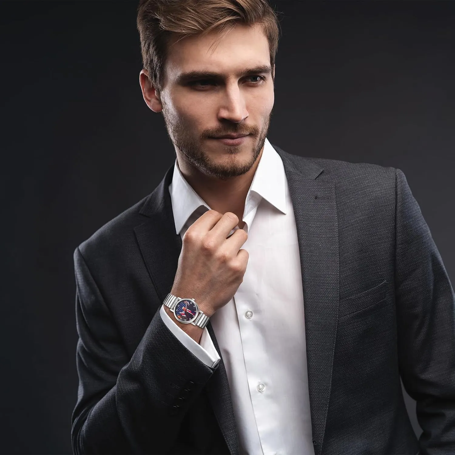 JewelryWe Men Women Elastic Watches: Round Analog Trump Dial Quartz Watch Gold Silver Plated Stretch Band Wristwatch