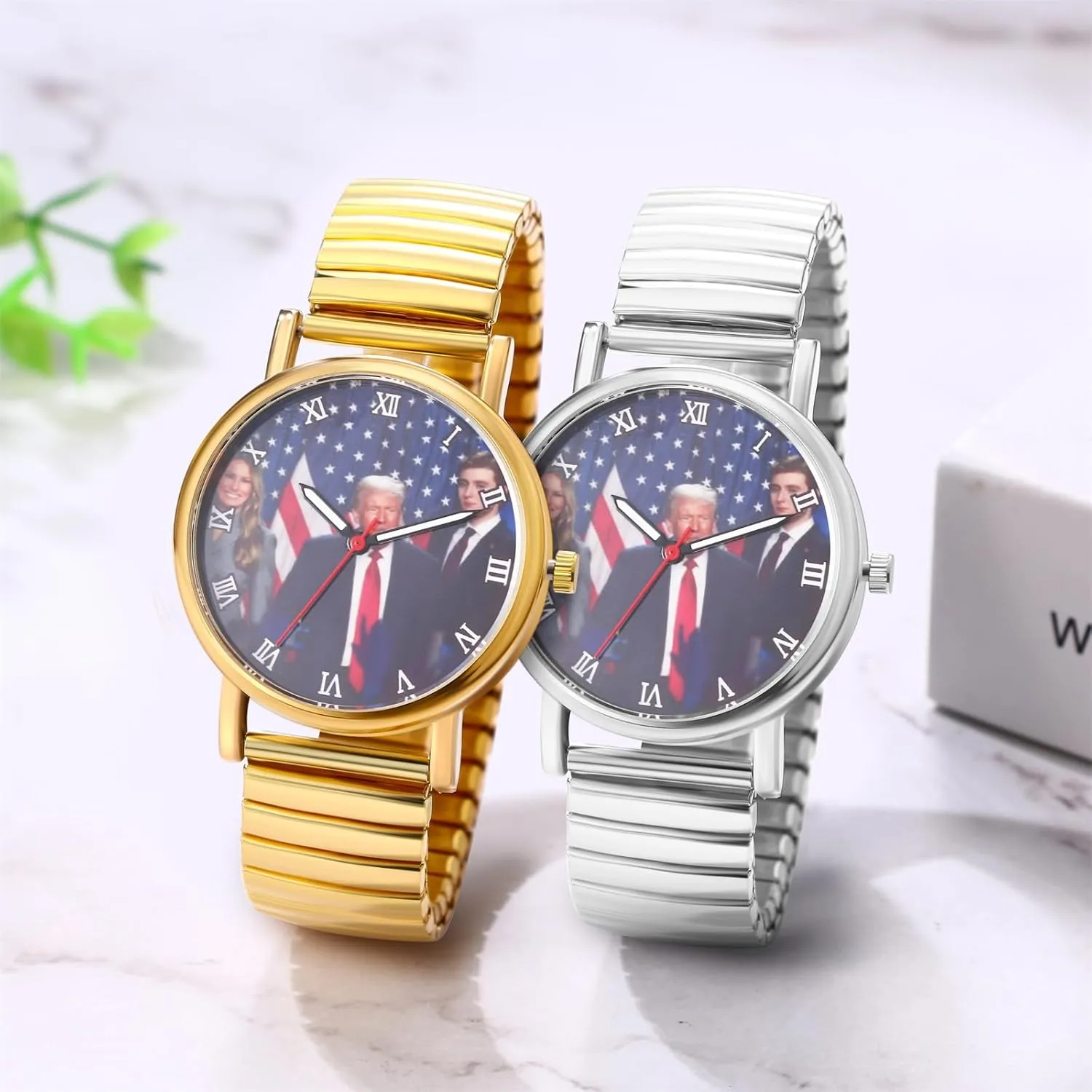 JewelryWe Men Women Elastic Watches: Round Analog Trump Dial Quartz Watch Gold Silver Plated Stretch Band Wristwatch