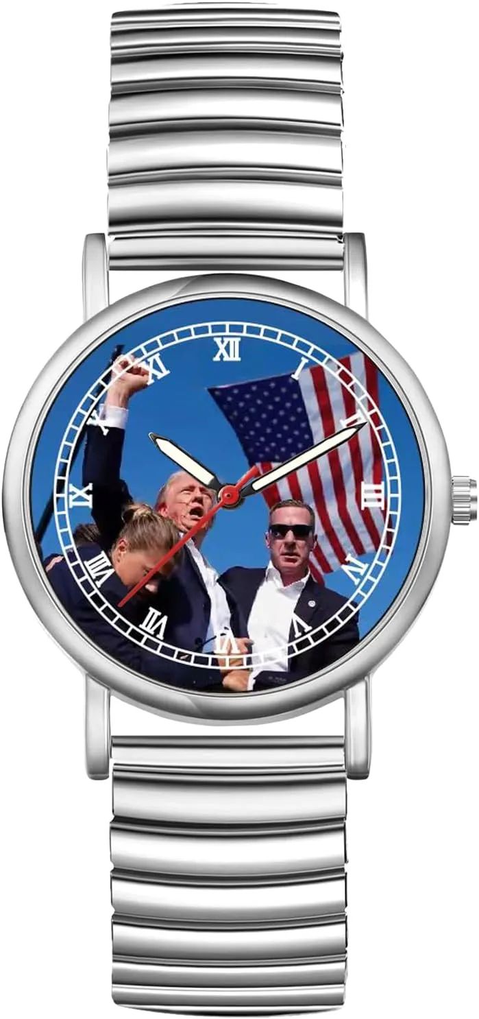 JewelryWe Men Women Elastic Watches: Round Analog Trump Dial Quartz Watch Gold Silver Plated Stretch Band Wristwatch