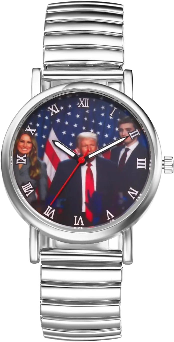 JewelryWe Men Women Elastic Watches: Round Analog Trump Dial Quartz Watch Gold Silver Plated Stretch Band Wristwatch