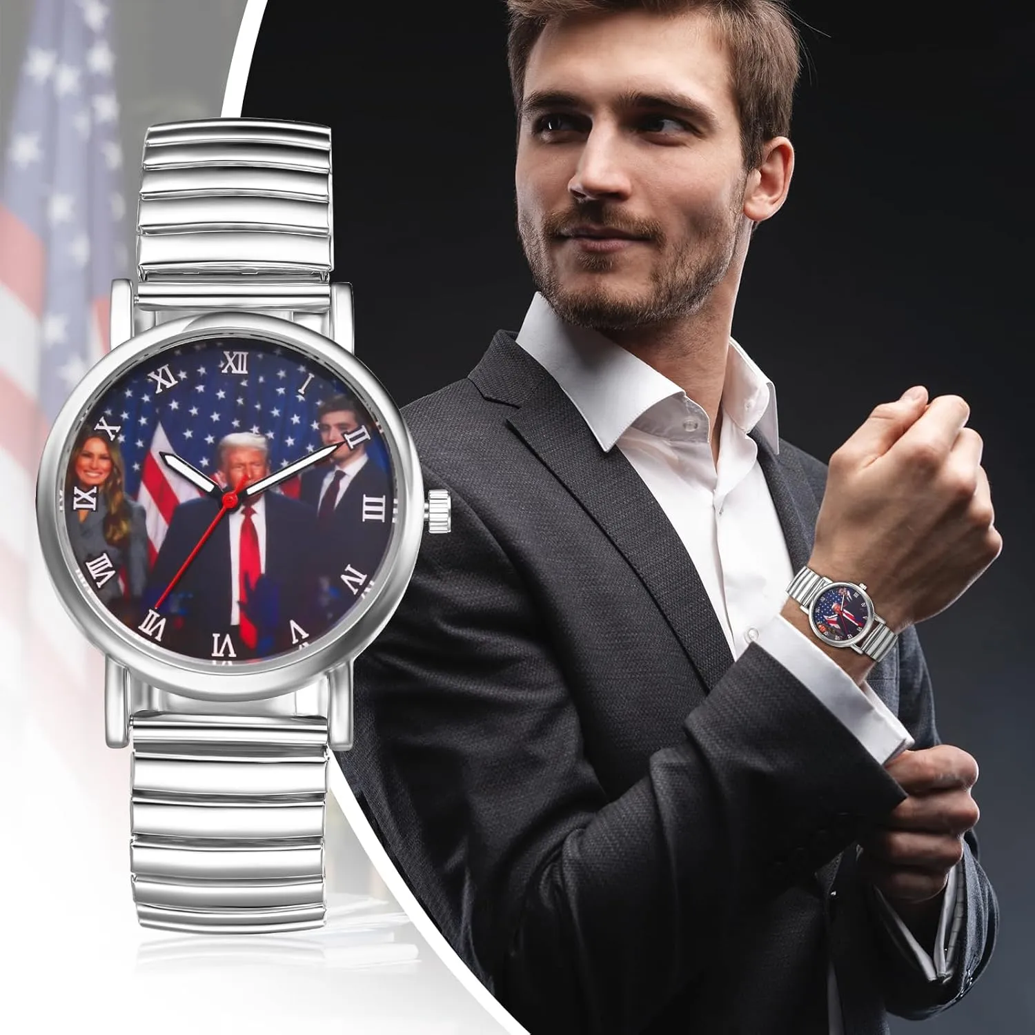 JewelryWe Men Women Elastic Watches: Round Analog Trump Dial Quartz Watch Gold Silver Plated Stretch Band Wristwatch