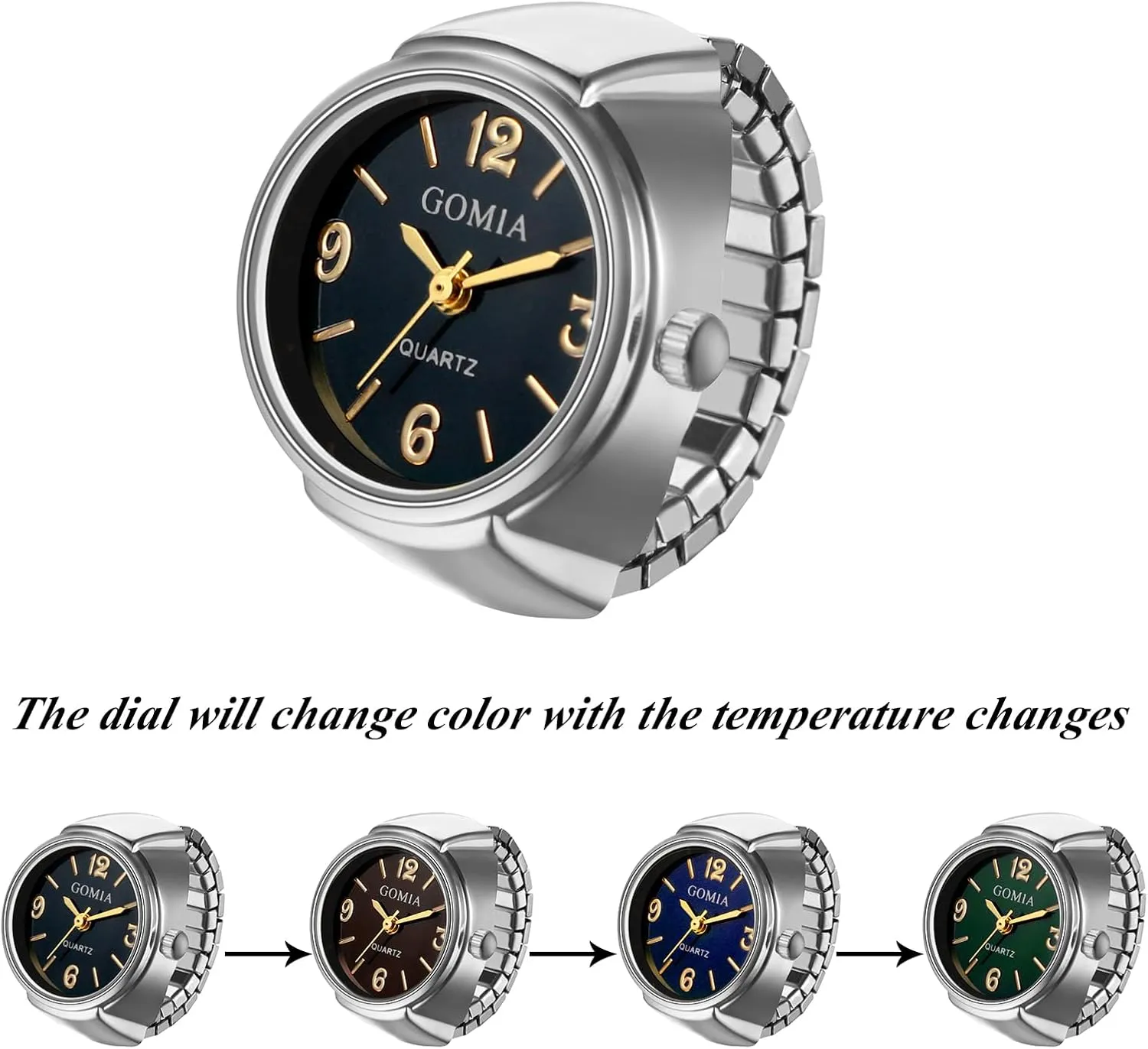 JewelryWe Unisex Finger Ring Watch: Retro Gold Stretchy Elastic Band Men Ladies Round Black Dial Quartz Analogue Lightweight Novelty Watches