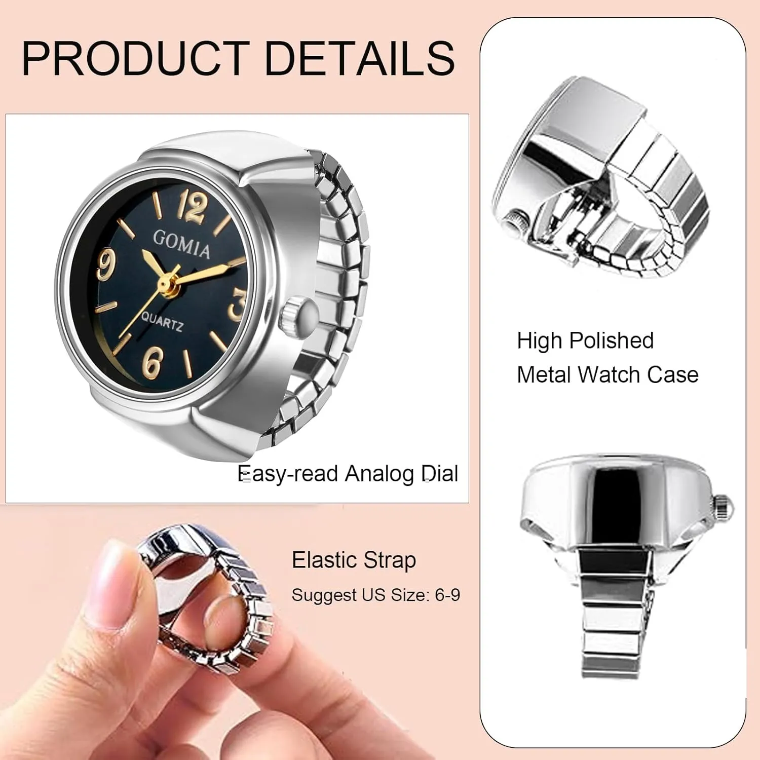 JewelryWe Unisex Finger Ring Watch: Retro Gold Stretchy Elastic Band Men Ladies Round Black Dial Quartz Analogue Lightweight Novelty Watches