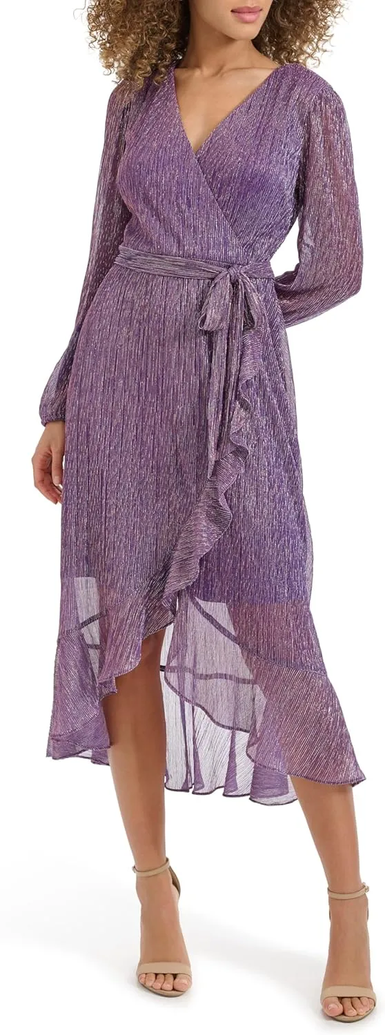 kensie Women's Balloon Sleeve Tie Waist Midi Dress