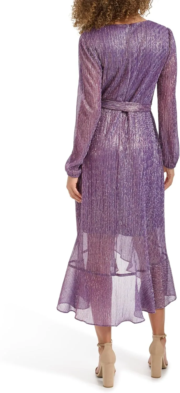 kensie Women's Balloon Sleeve Tie Waist Midi Dress