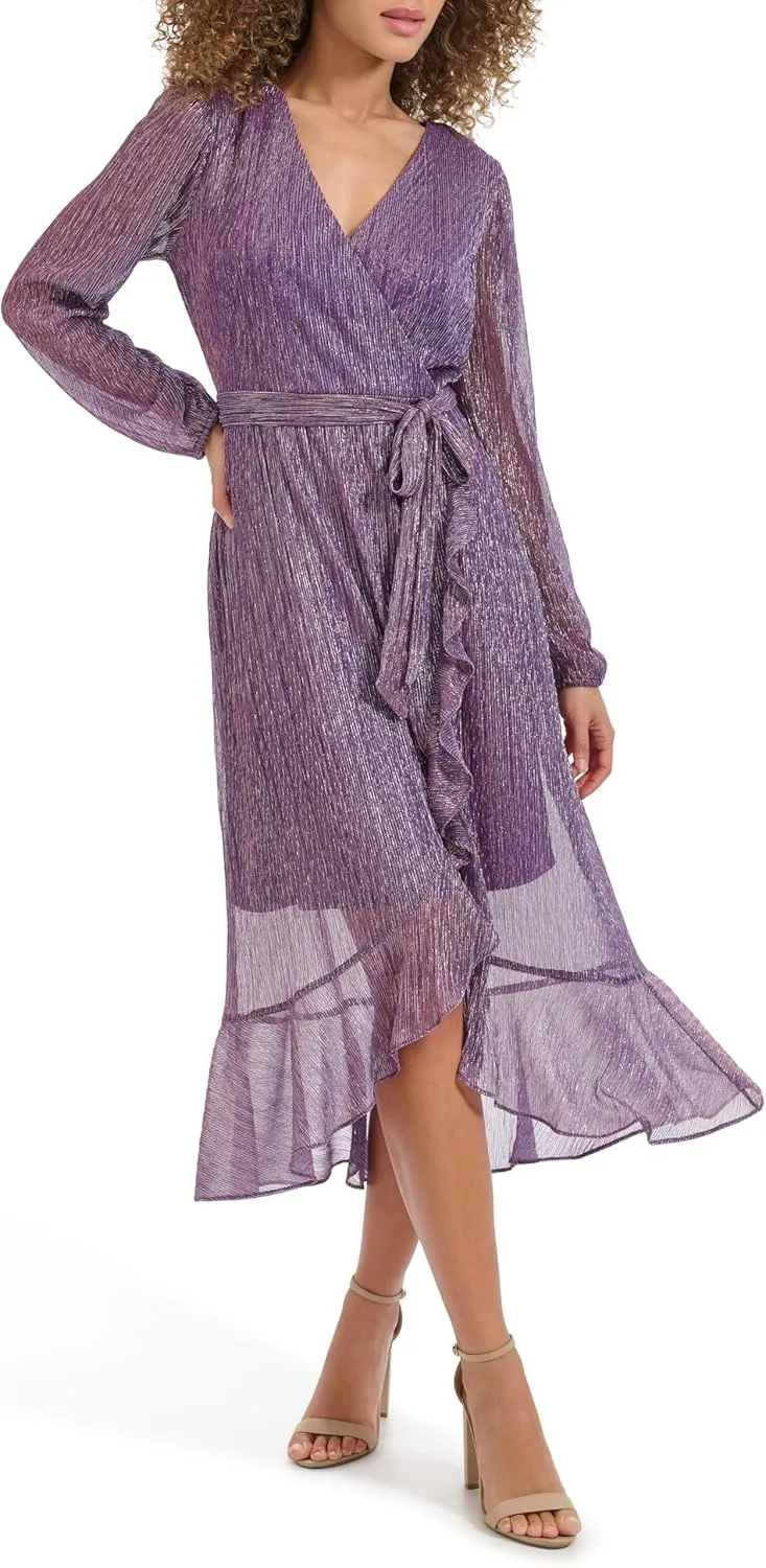 kensie Women's Balloon Sleeve Tie Waist Midi Dress