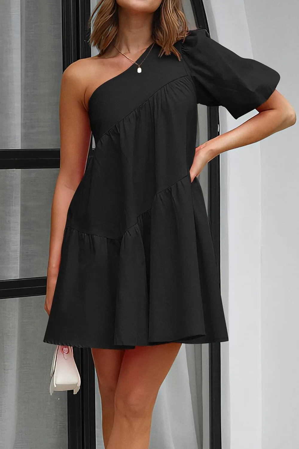 KIRUNDO Womens 2025 Summer Casual One Shoulder Mini Babydoll Dress Puff Sleeve Loose Tiered A Line Flowy Short Dresses