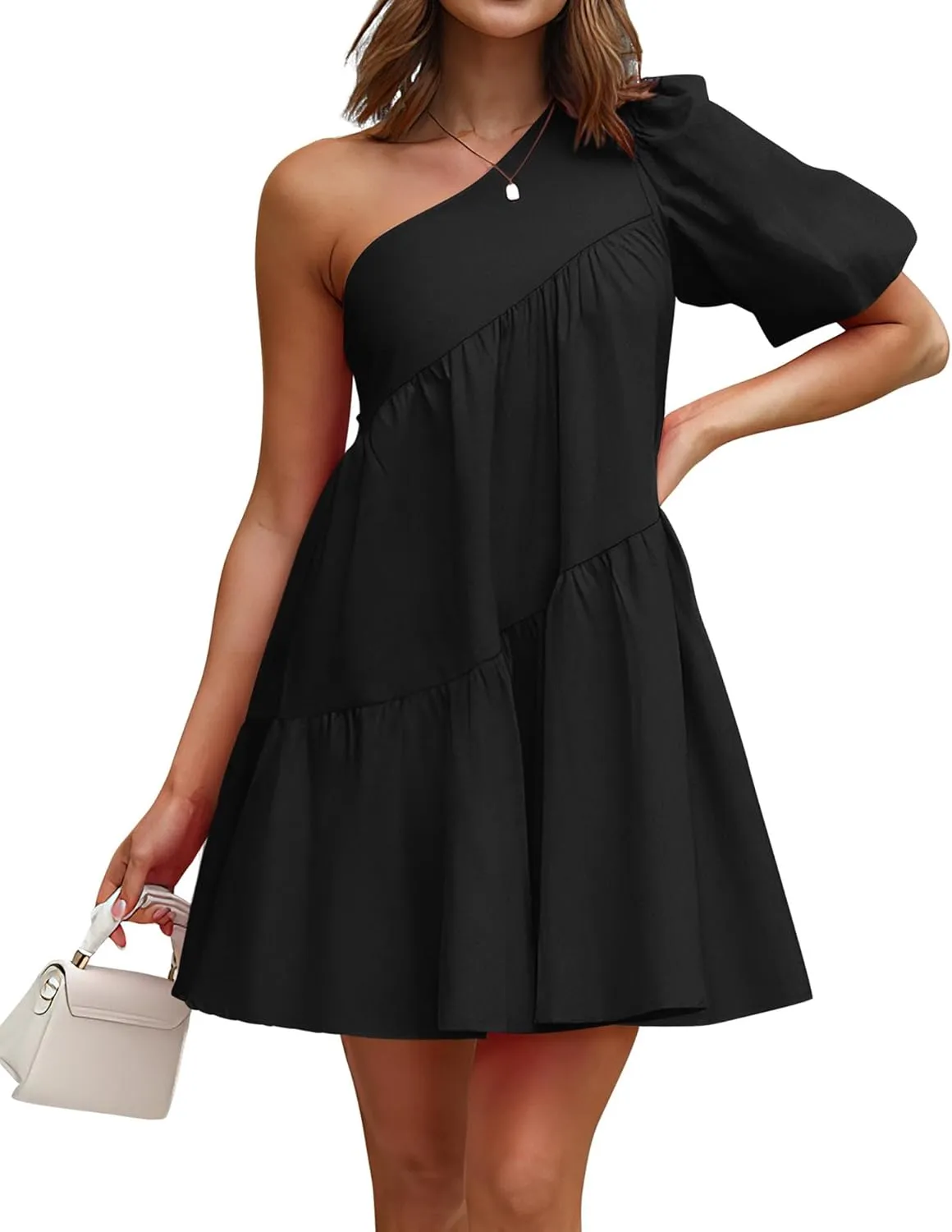 KIRUNDO Womens 2025 Summer Casual One Shoulder Mini Babydoll Dress Puff Sleeve Loose Tiered A Line Flowy Short Dresses
