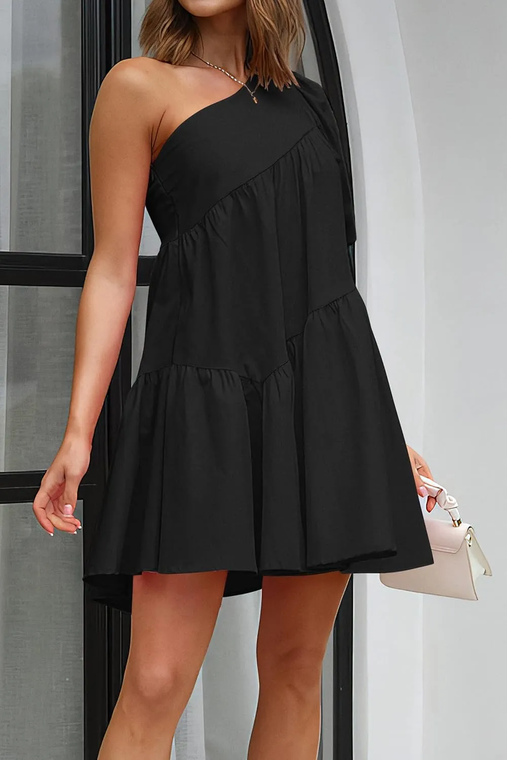 KIRUNDO Womens 2025 Summer Casual One Shoulder Mini Babydoll Dress Puff Sleeve Loose Tiered A Line Flowy Short Dresses