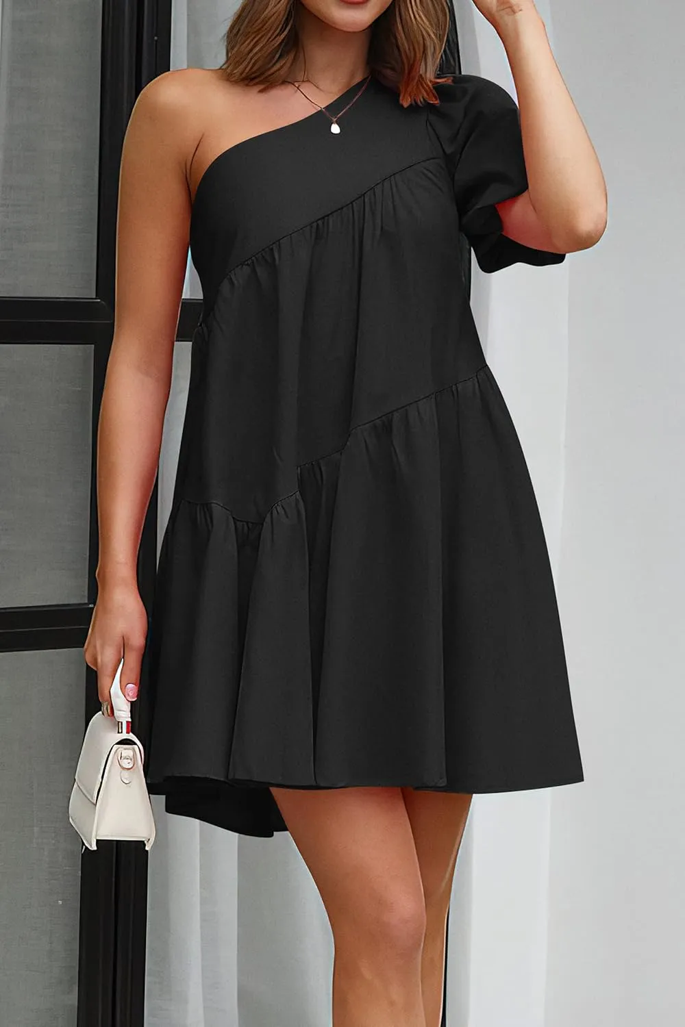 KIRUNDO Womens 2025 Summer Casual One Shoulder Mini Babydoll Dress Puff Sleeve Loose Tiered A Line Flowy Short Dresses