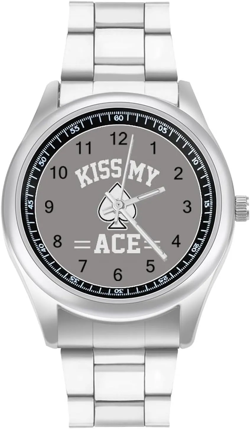 Kiss My Ace Poker Stainless Steel Strap Business Watches for Men Easy Reader Work Casual Watch