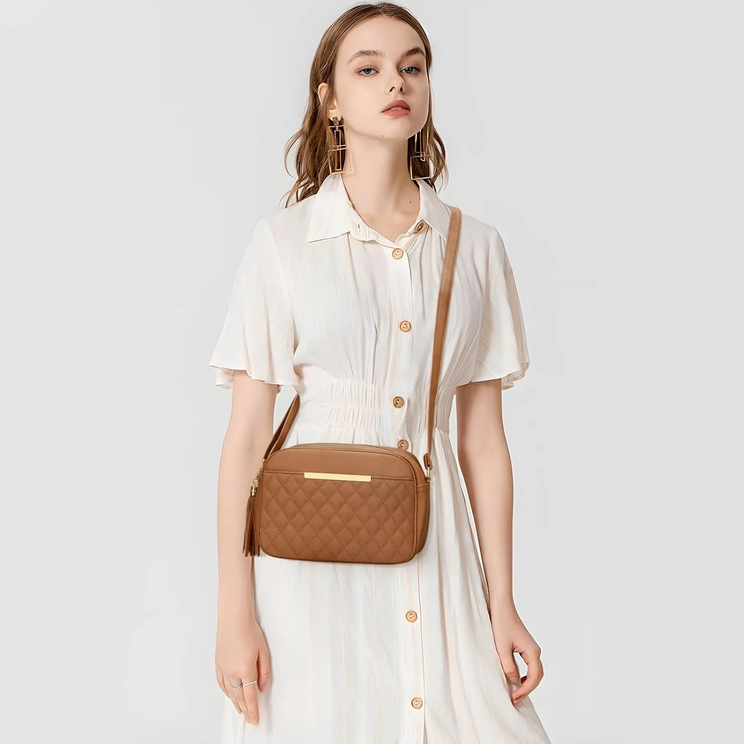 KKXIU 10 Large Size Quilted Crossbody Bag for Women Vegan Leather Handbags Stylish Shoulder Purse with Tassel