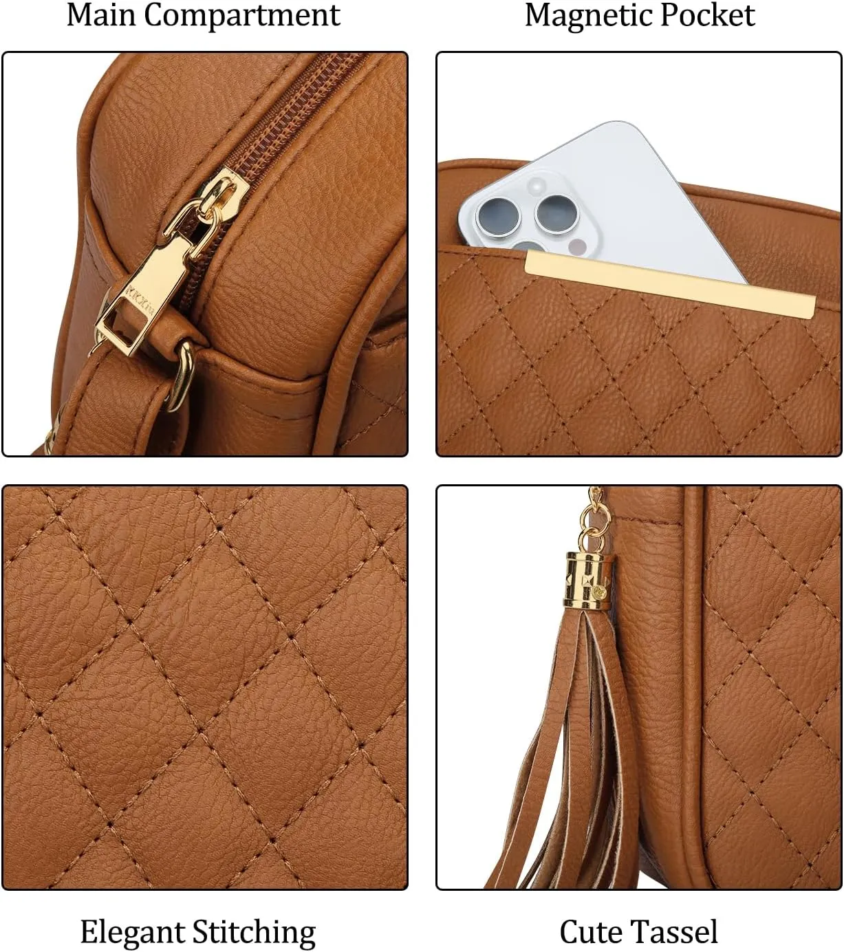 KKXIU 10 Large Size Quilted Crossbody Bag for Women Vegan Leather Handbags Stylish Shoulder Purse with Tassel