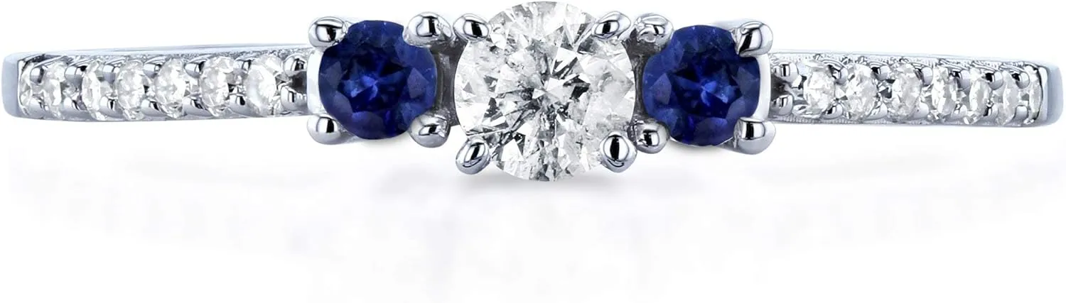 Kobelli Three Stone Round Diamond and Sapphire Engagement Ring 1/4 Carat TW in 10k White Gold