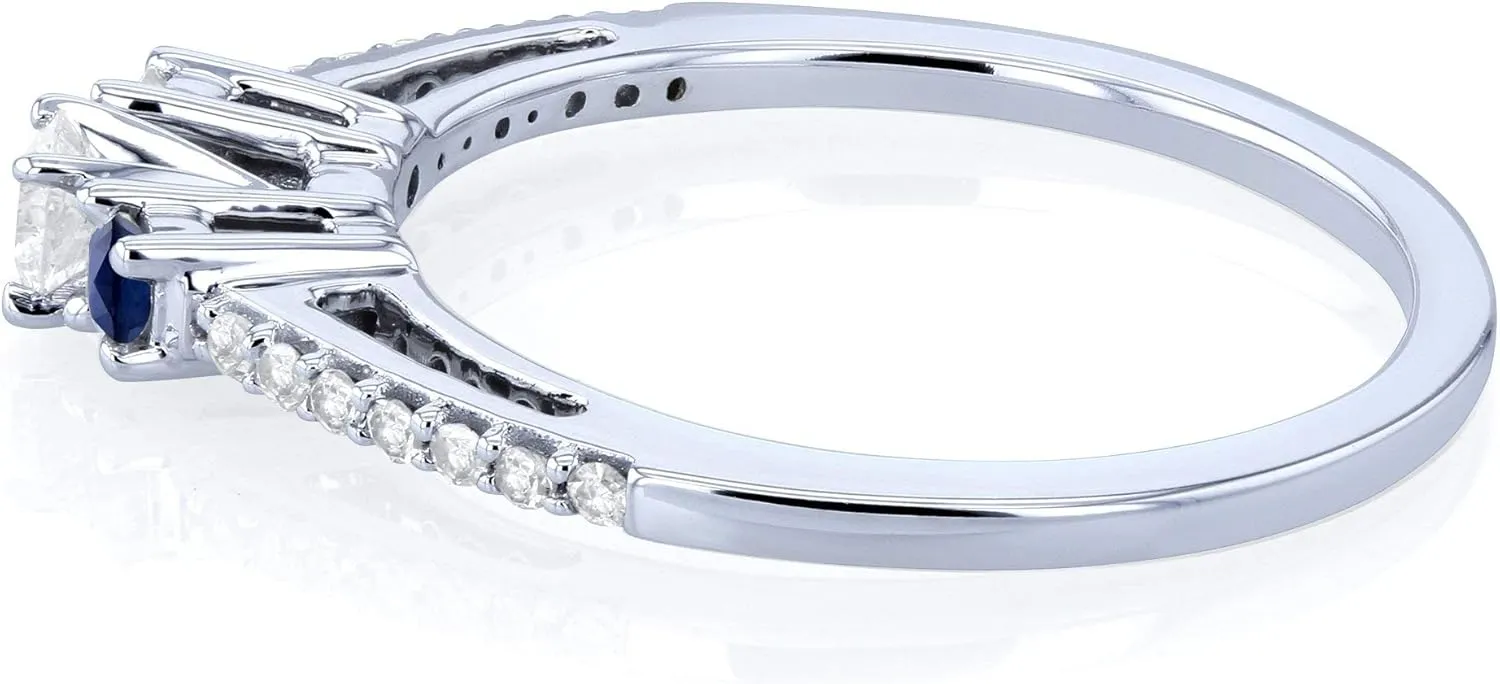 Kobelli Three Stone Round Diamond and Sapphire Engagement Ring 1/4 Carat TW in 10k White Gold