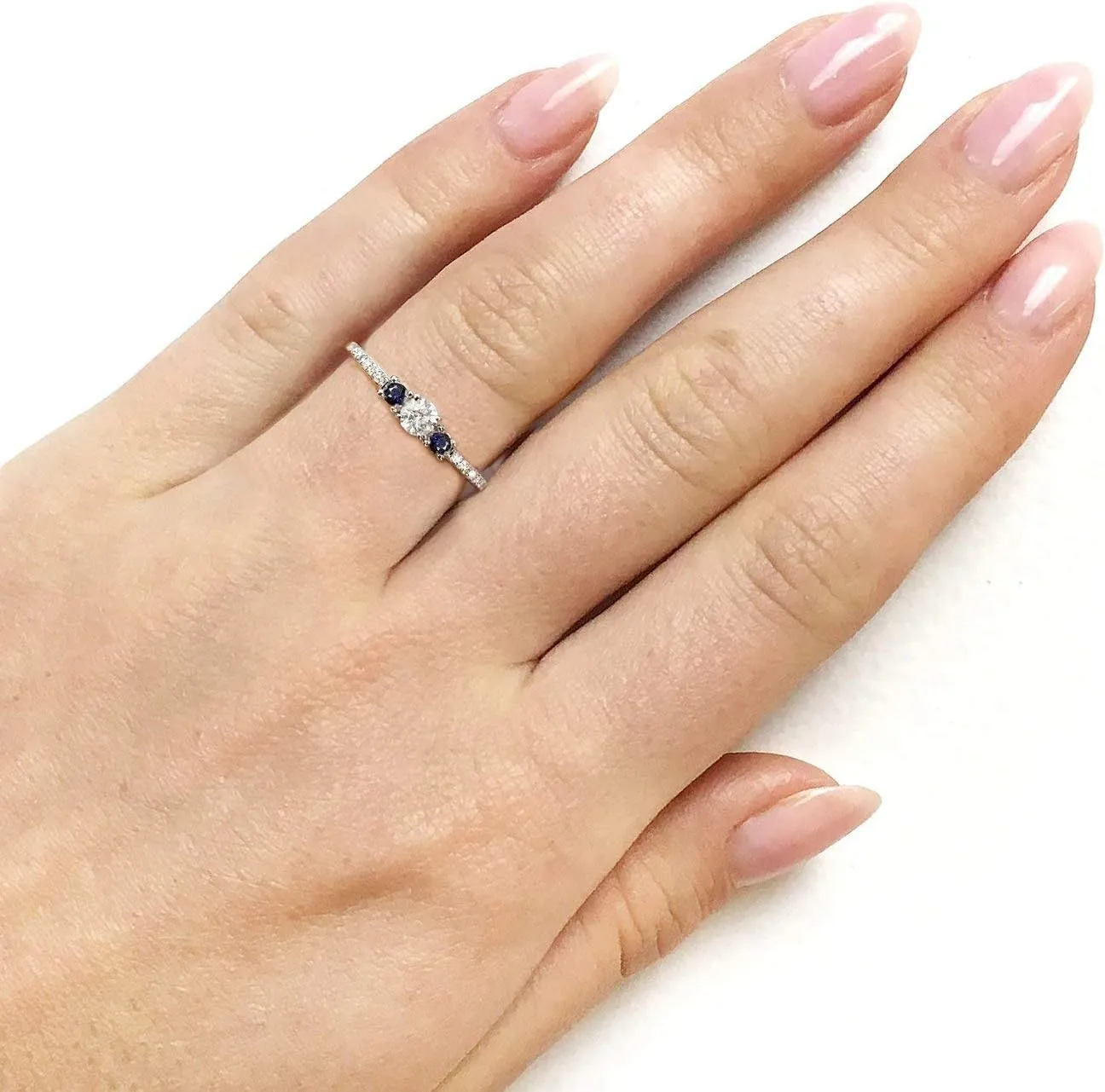 Kobelli Three Stone Round Diamond and Sapphire Engagement Ring 1/4 Carat TW in 10k White Gold