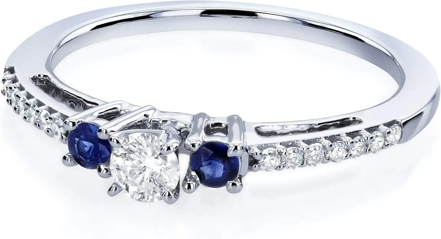 Kobelli Three Stone Round Diamond and Sapphire Engagement Ring 1/4 Carat TW in 10k White Gold