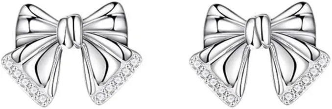 Kokoma Cubic Zirconia Bow Stud Earrings for Women 925 Sterling Silver Tiny Bow Knot Earrings Crystal Cartilage Earrings Hypoallergenic Dainty Ear Jewelry