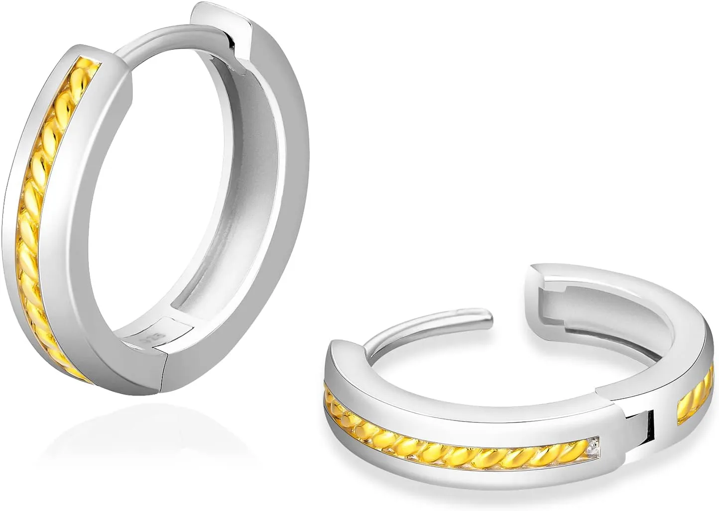 KRKC&CO Hoop Earrings for Men, S925 Sterling Silver, 14K/White Black Gold Plated Hypoallergenic Diamond Earrings, Curved Face, Stripes, Stylish Hip Hop Street-Wear Look for Men Women
