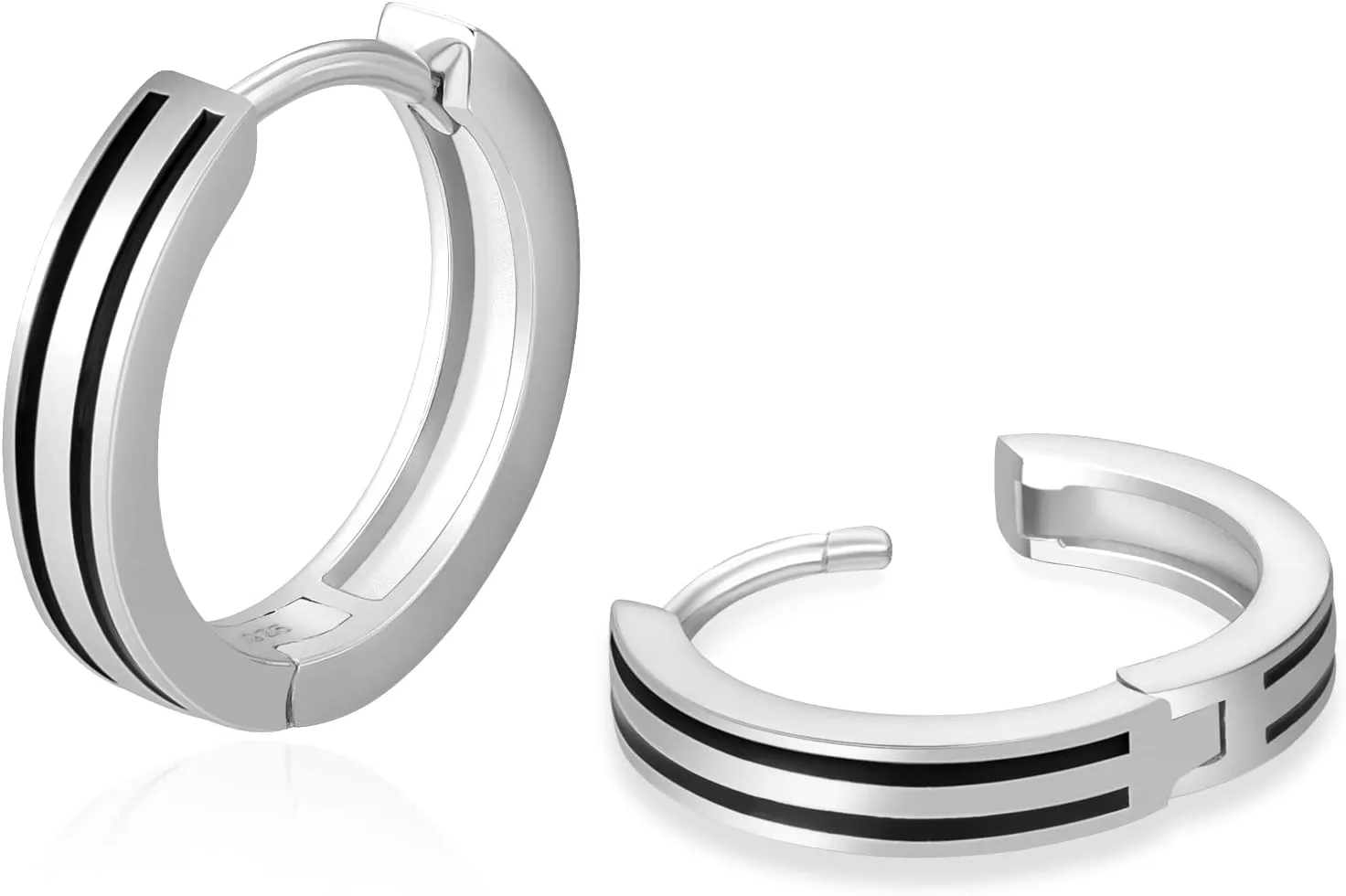 KRKC&CO Hoop Earrings for Men, S925 Sterling Silver, 14K/White Black Gold Plated Hypoallergenic Diamond Earrings, Curved Face, Stripes, Stylish Hip Hop Street-Wear Look for Men Women
