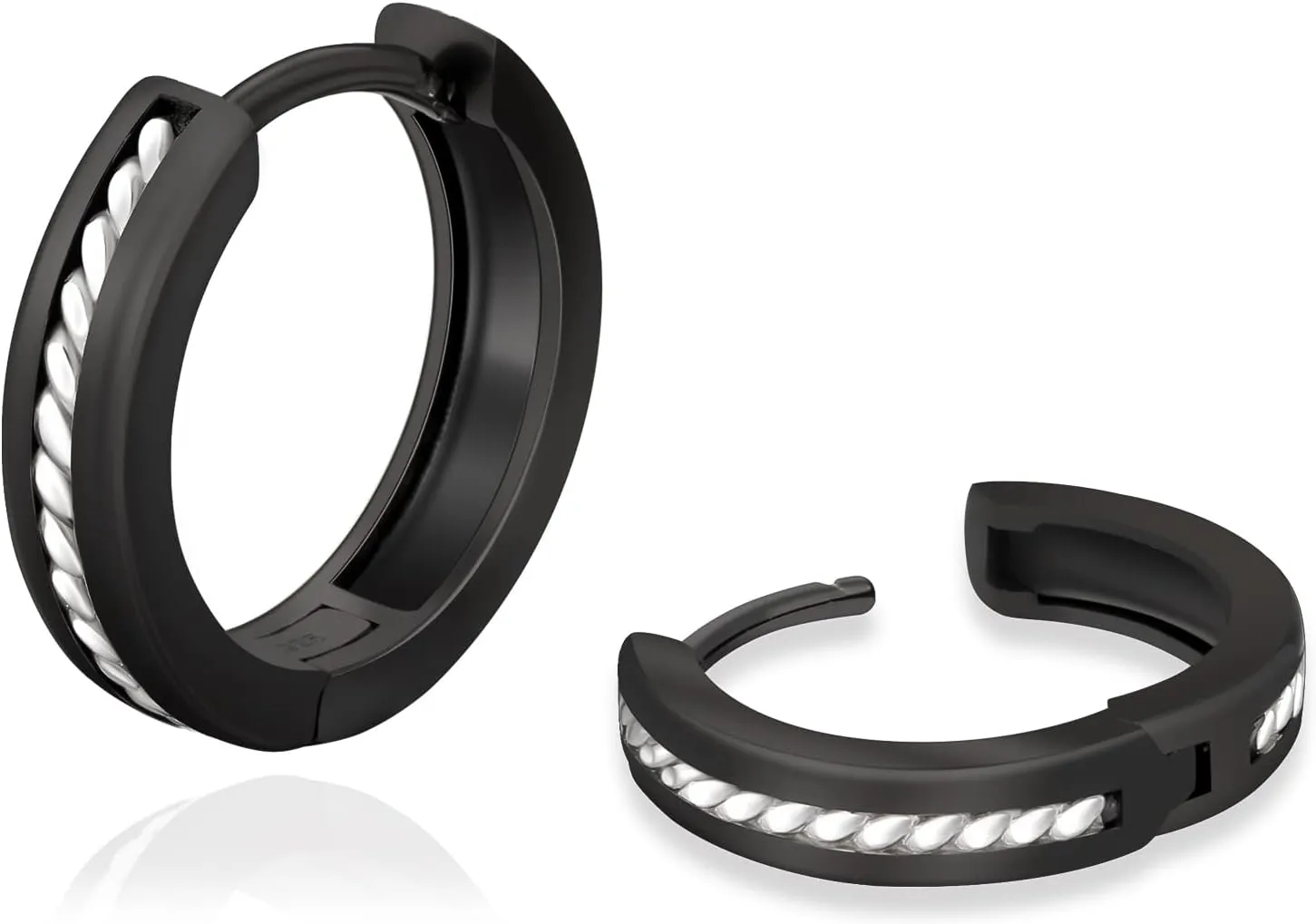 KRKC&CO Hoop Earrings for Men, S925 Sterling Silver, 14K/White Black Gold Plated Hypoallergenic Diamond Earrings, Curved Face, Stripes, Stylish Hip Hop Street-Wear Look for Men Women