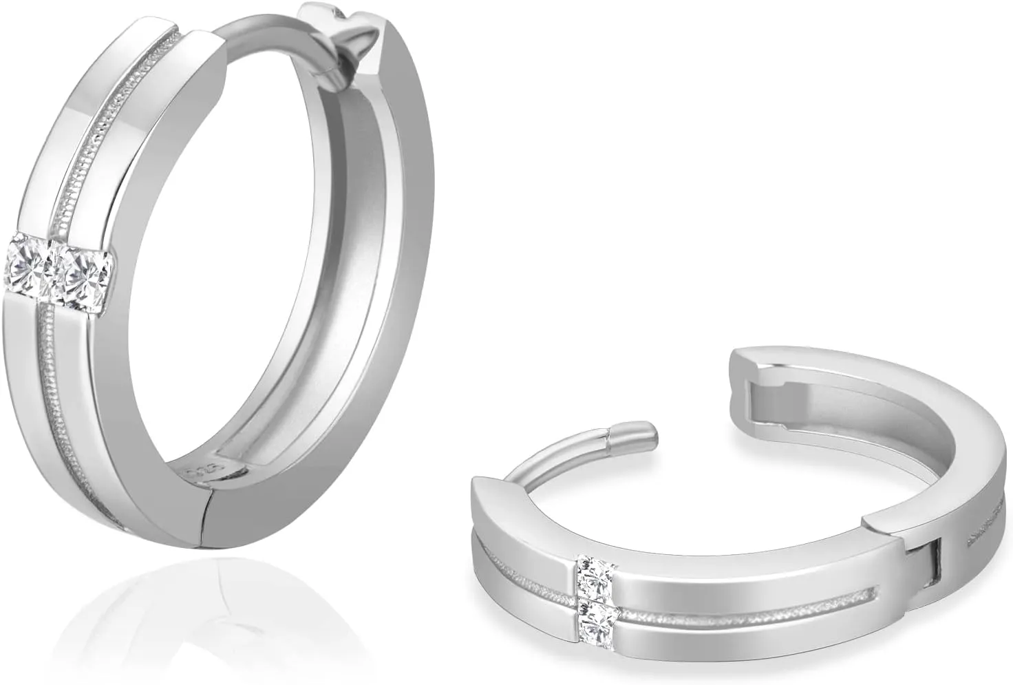KRKC&CO Hoop Earrings for Men, S925 Sterling Silver, 14K/White Black Gold Plated Hypoallergenic Diamond Earrings, Curved Face, Stripes, Stylish Hip Hop Street-Wear Look for Men Women