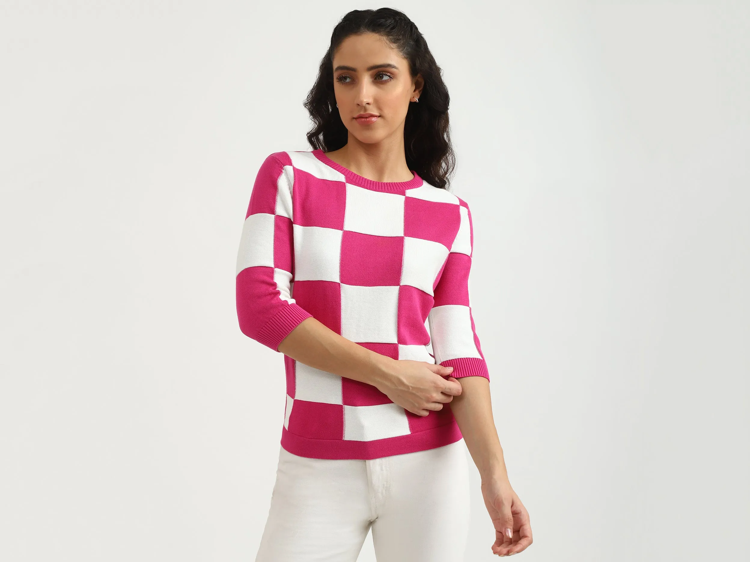 Ladies Round Neck Check Top