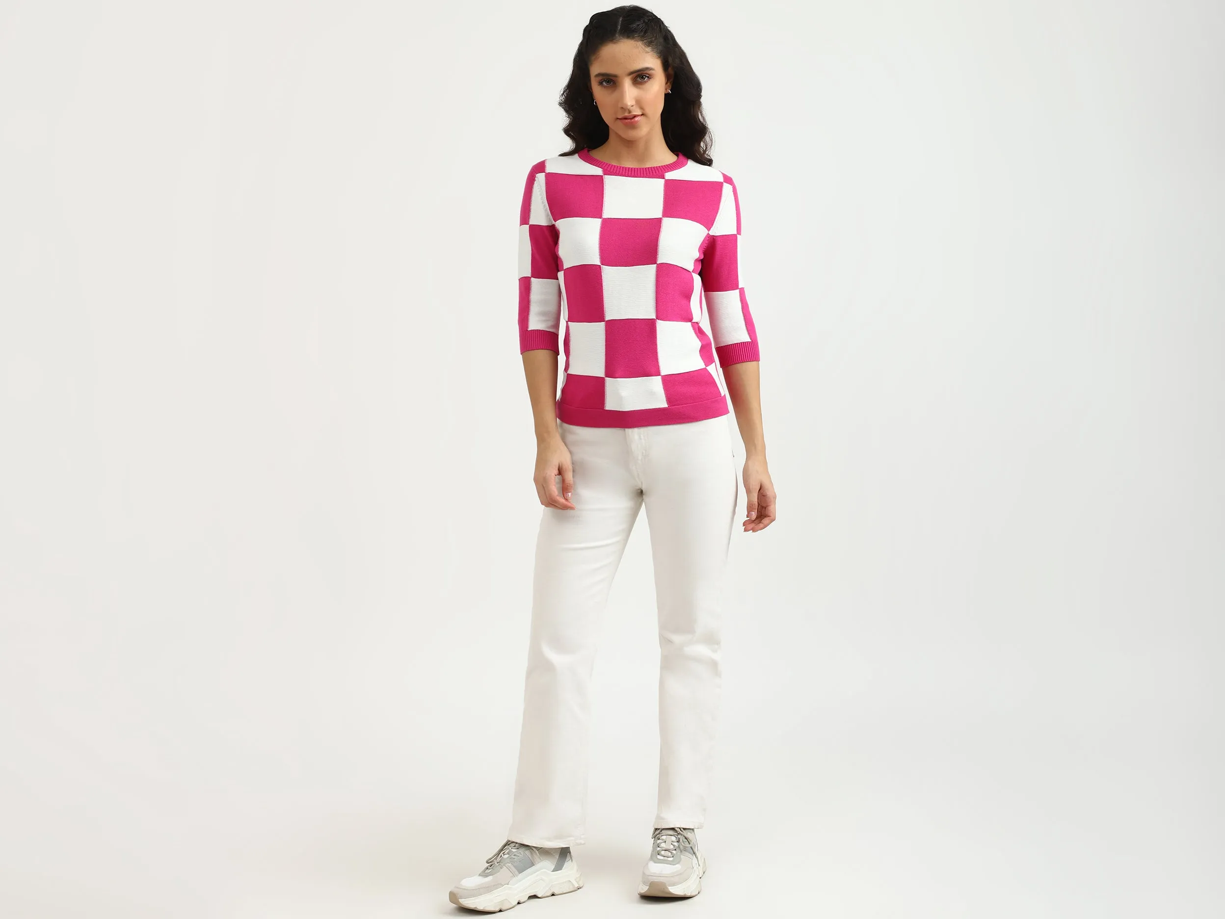 Ladies Round Neck Check Top