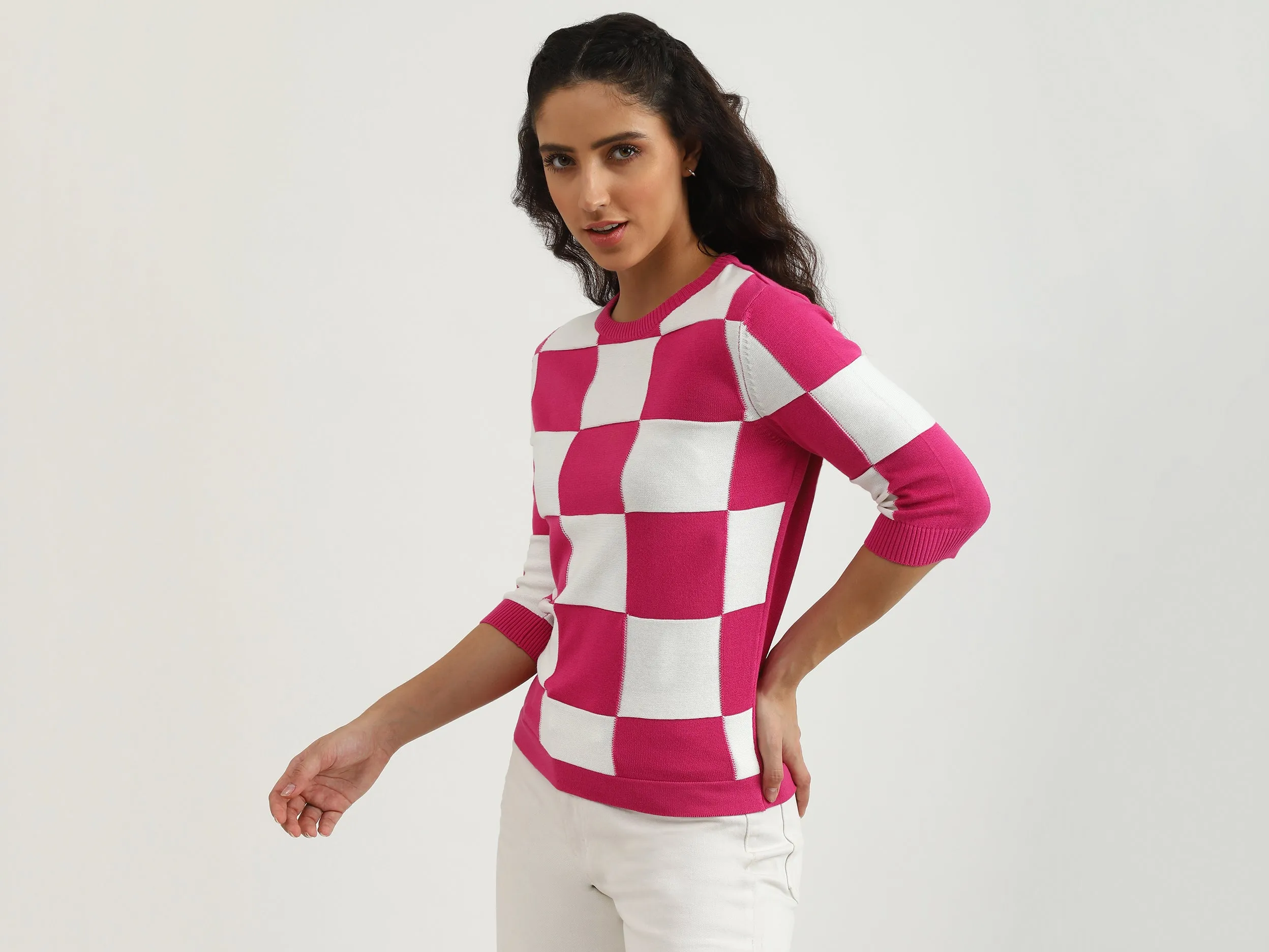 Ladies Round Neck Check Top