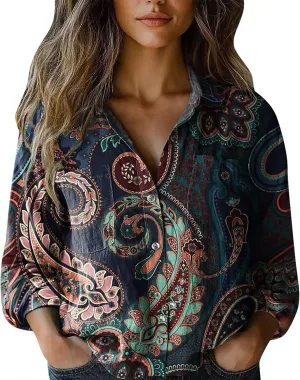 Linen Button Down Shirts for Women Long Sleeve Collared Ethic Floral Print Boho Blouses Retro Gauze Summer Tops