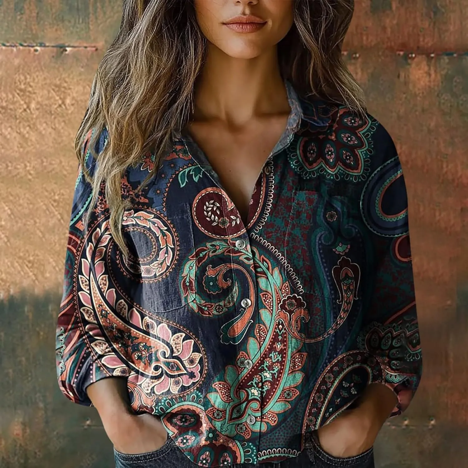 Linen Button Down Shirts for Women Long Sleeve Collared Ethic Floral Print Boho Blouses Retro Gauze Summer Tops