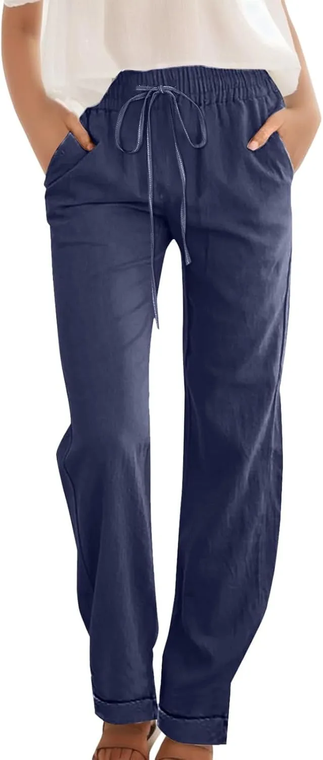 Linen Pants Women 2024 Casual Palazzo Drawstring Elastic Waist Straight Wide Leg Pant Solid Long Trousers with Pocket