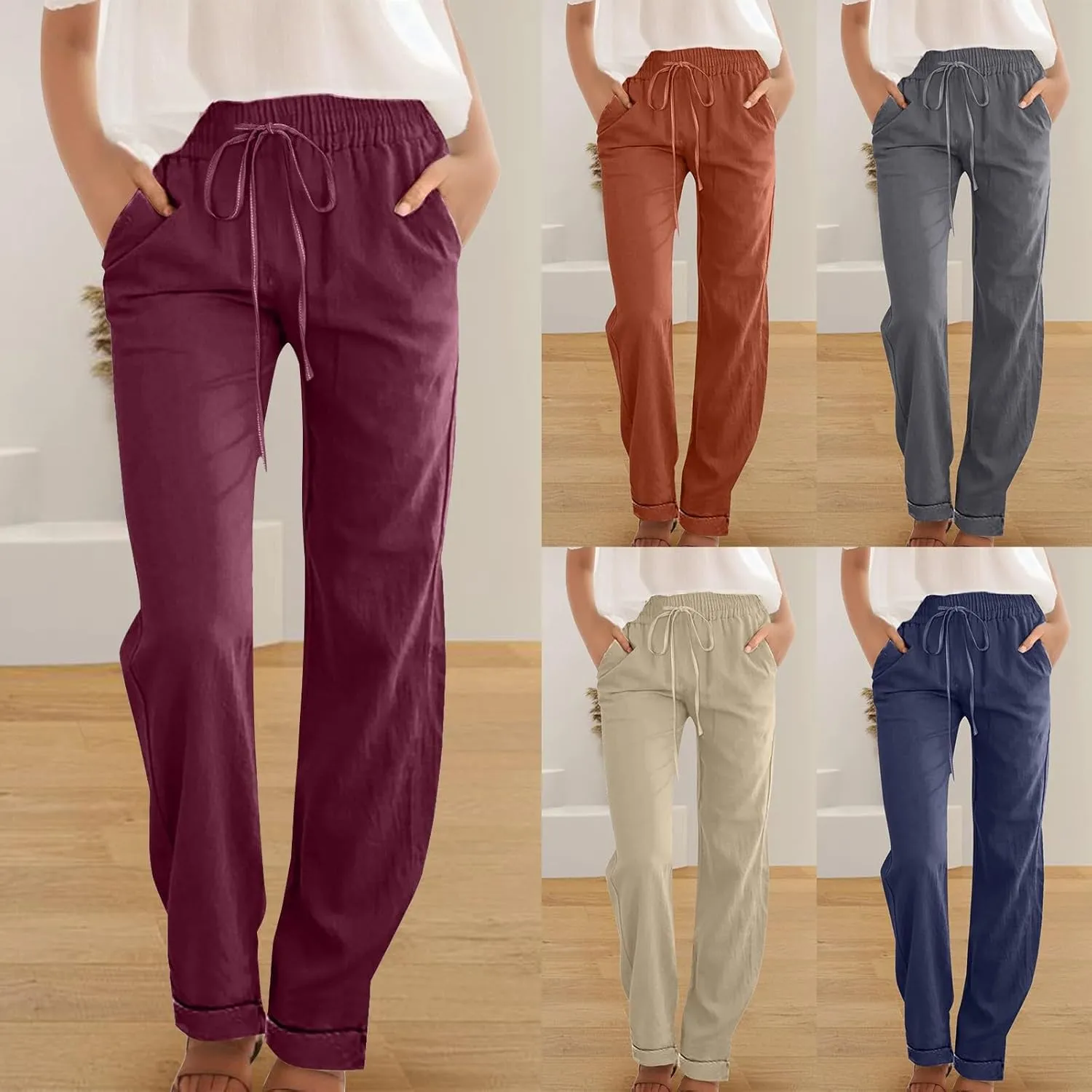 Linen Pants Women 2024 Casual Palazzo Drawstring Elastic Waist Straight Wide Leg Pant Solid Long Trousers with Pocket