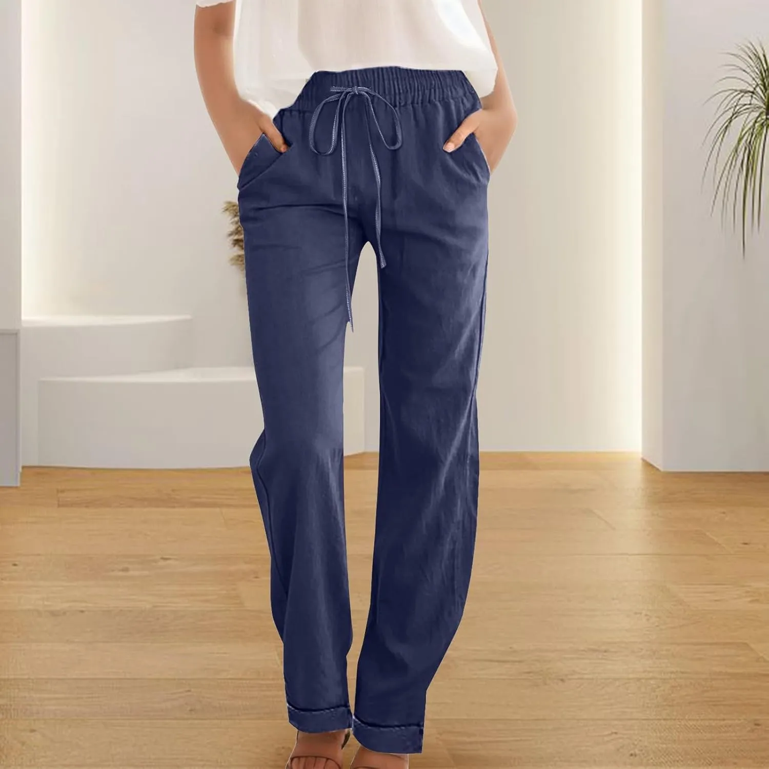 Linen Pants Women 2024 Casual Palazzo Drawstring Elastic Waist Straight Wide Leg Pant Solid Long Trousers with Pocket