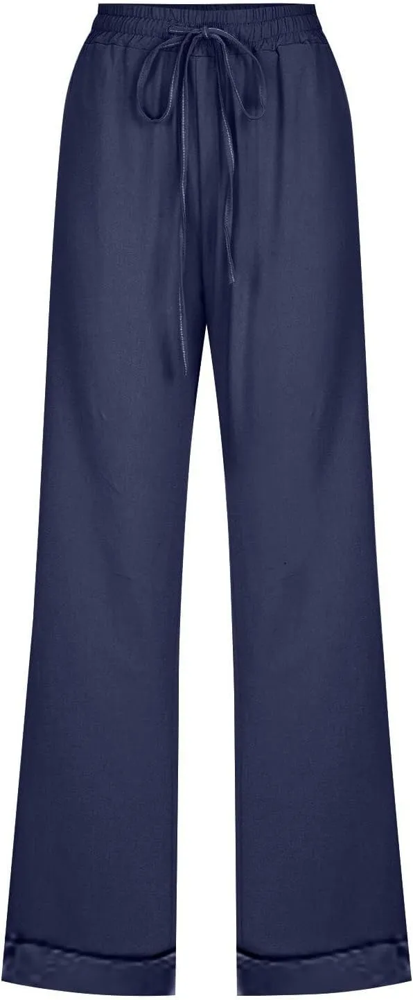 Linen Pants Women 2024 Casual Palazzo Drawstring Elastic Waist Straight Wide Leg Pant Solid Long Trousers with Pocket