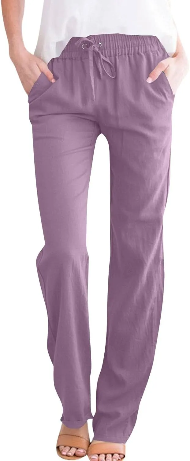 Linen Pants Women 2025 Summer Drawstring Pants Casual Loose Wide Leg Lounge Pants for Beach Travel Vacation
