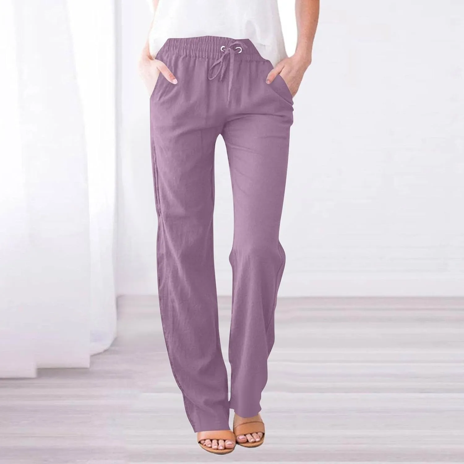 Linen Pants Women 2025 Summer Drawstring Pants Casual Loose Wide Leg Lounge Pants for Beach Travel Vacation