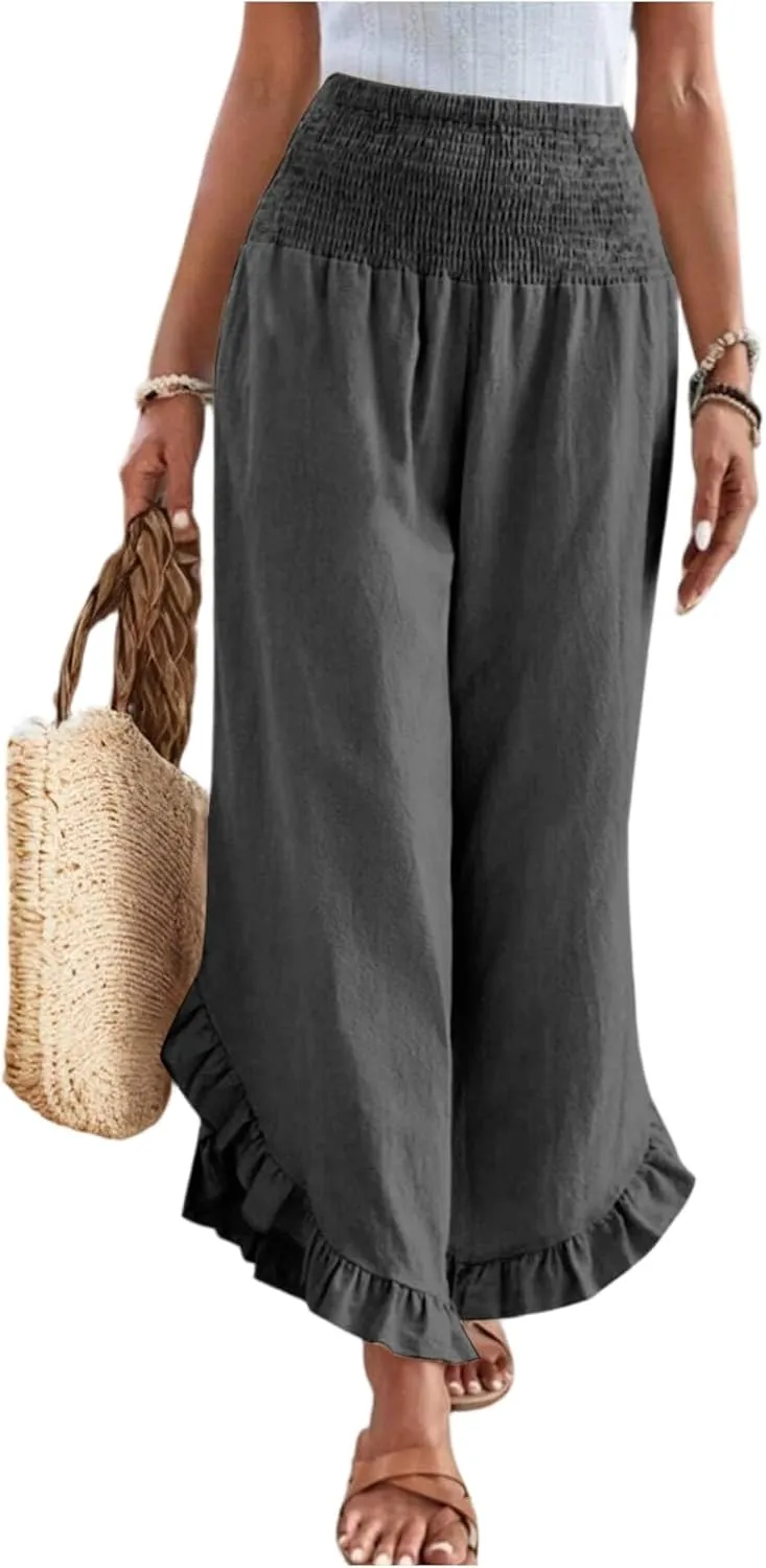 Linen Wide Leg Pants for Women 2025 Stretch Smocked High Waisted Ruffle Hem Palazzo Pants Summer Casual Beach Pant