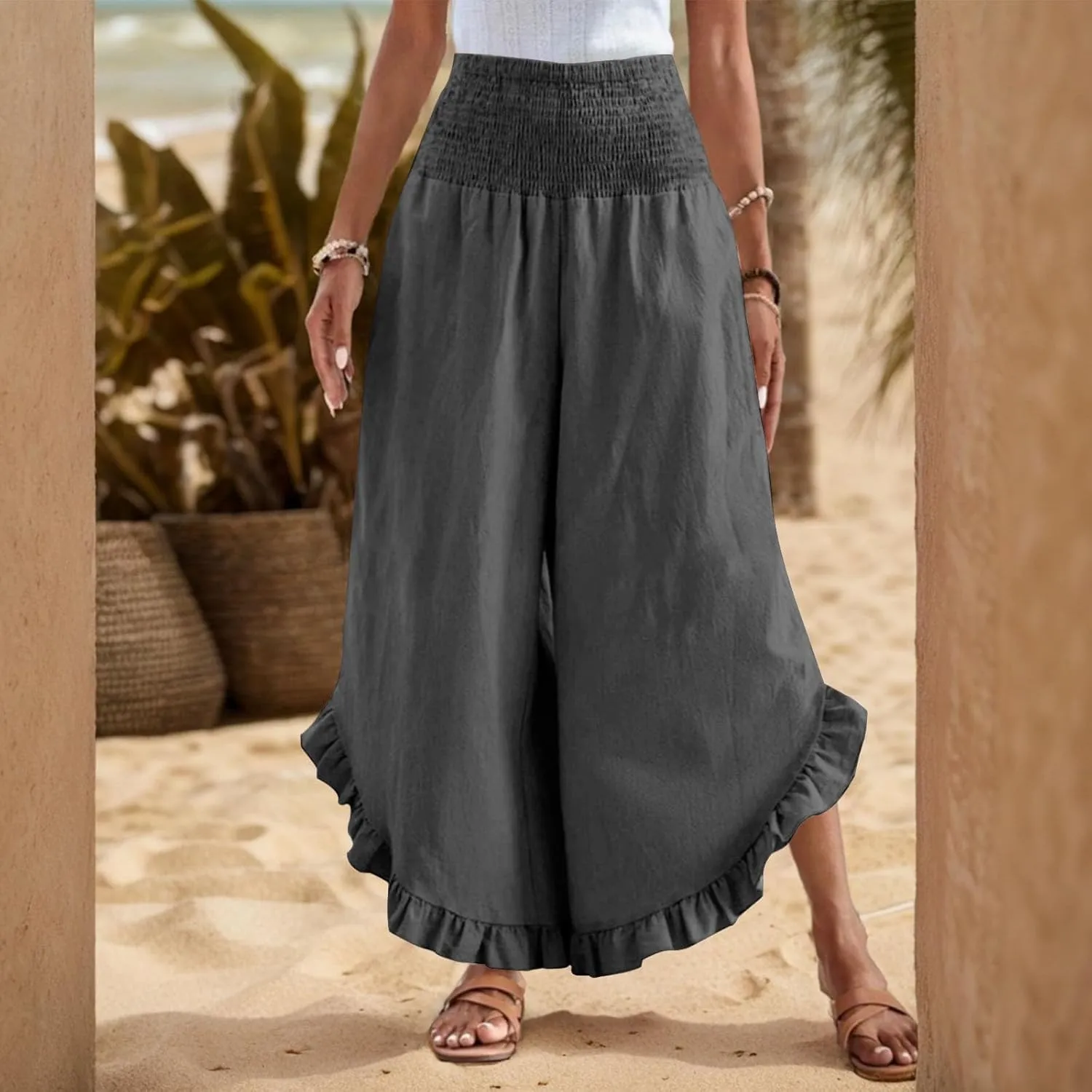 Linen Wide Leg Pants for Women 2025 Stretch Smocked High Waisted Ruffle Hem Palazzo Pants Summer Casual Beach Pant