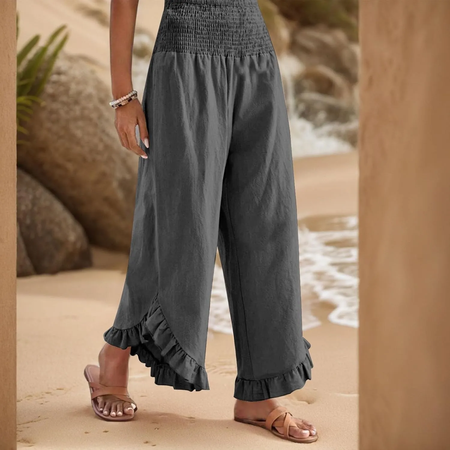 Linen Wide Leg Pants for Women 2025 Stretch Smocked High Waisted Ruffle Hem Palazzo Pants Summer Casual Beach Pant