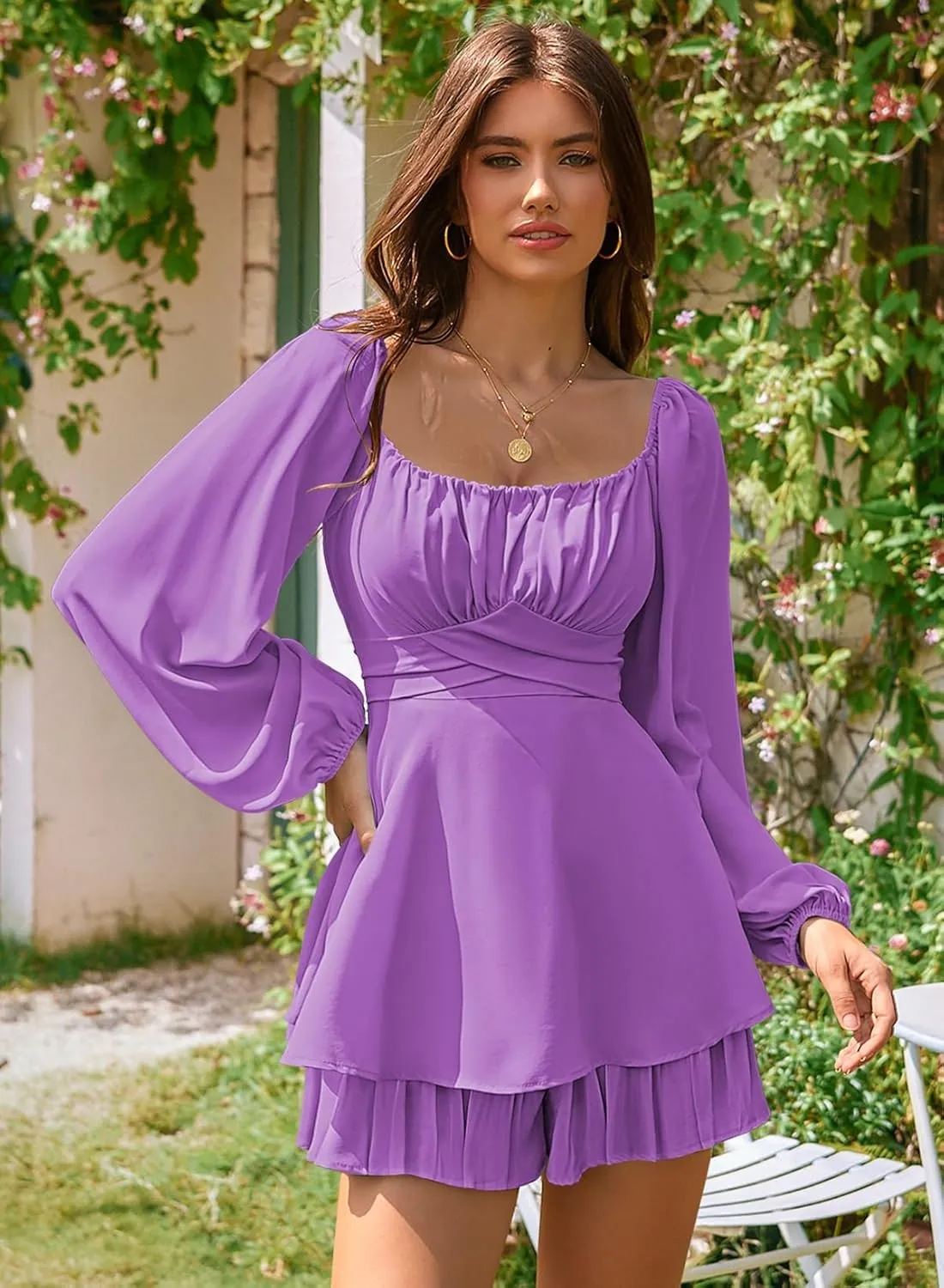 Linsery Womens Ruffle Long Sleeve Short Rompers Sexy Layered Tie Waist Chiffon One Piece Outfits Solid Jumpsuit