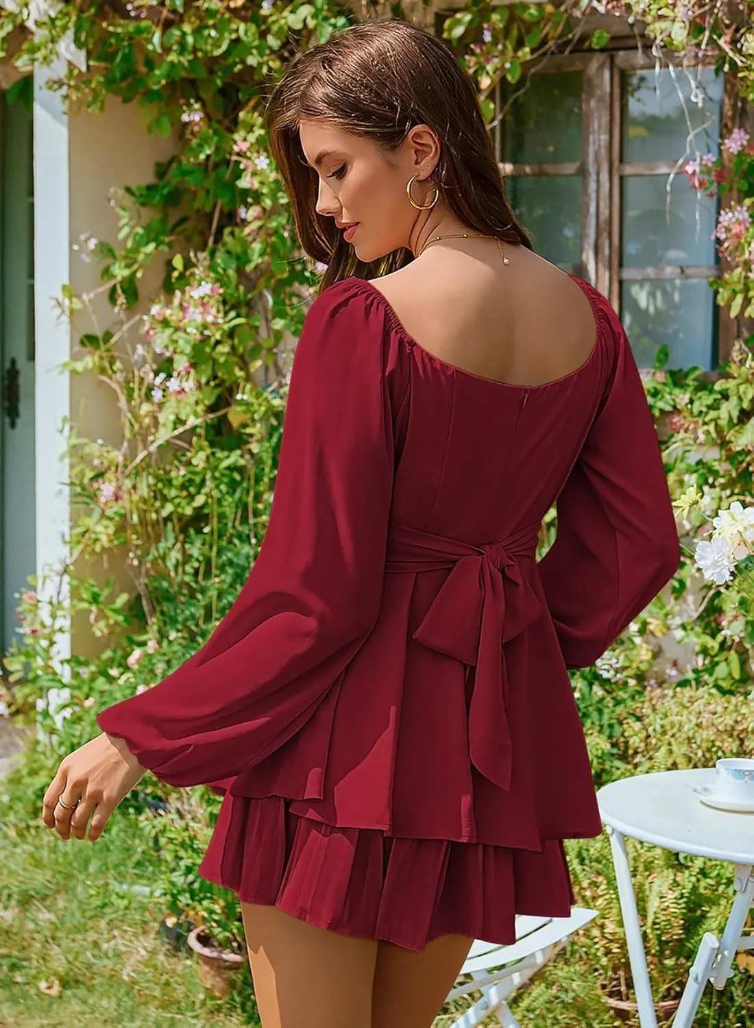 Linsery Womens Ruffle Long Sleeve Short Rompers Sexy Layered Tie Waist Chiffon One Piece Outfits Solid Jumpsuit