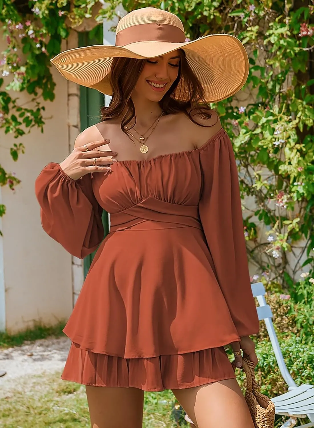 Linsery Womens Ruffle Long Sleeve Short Rompers Sexy Layered Tie Waist Chiffon One Piece Outfits Solid Jumpsuit