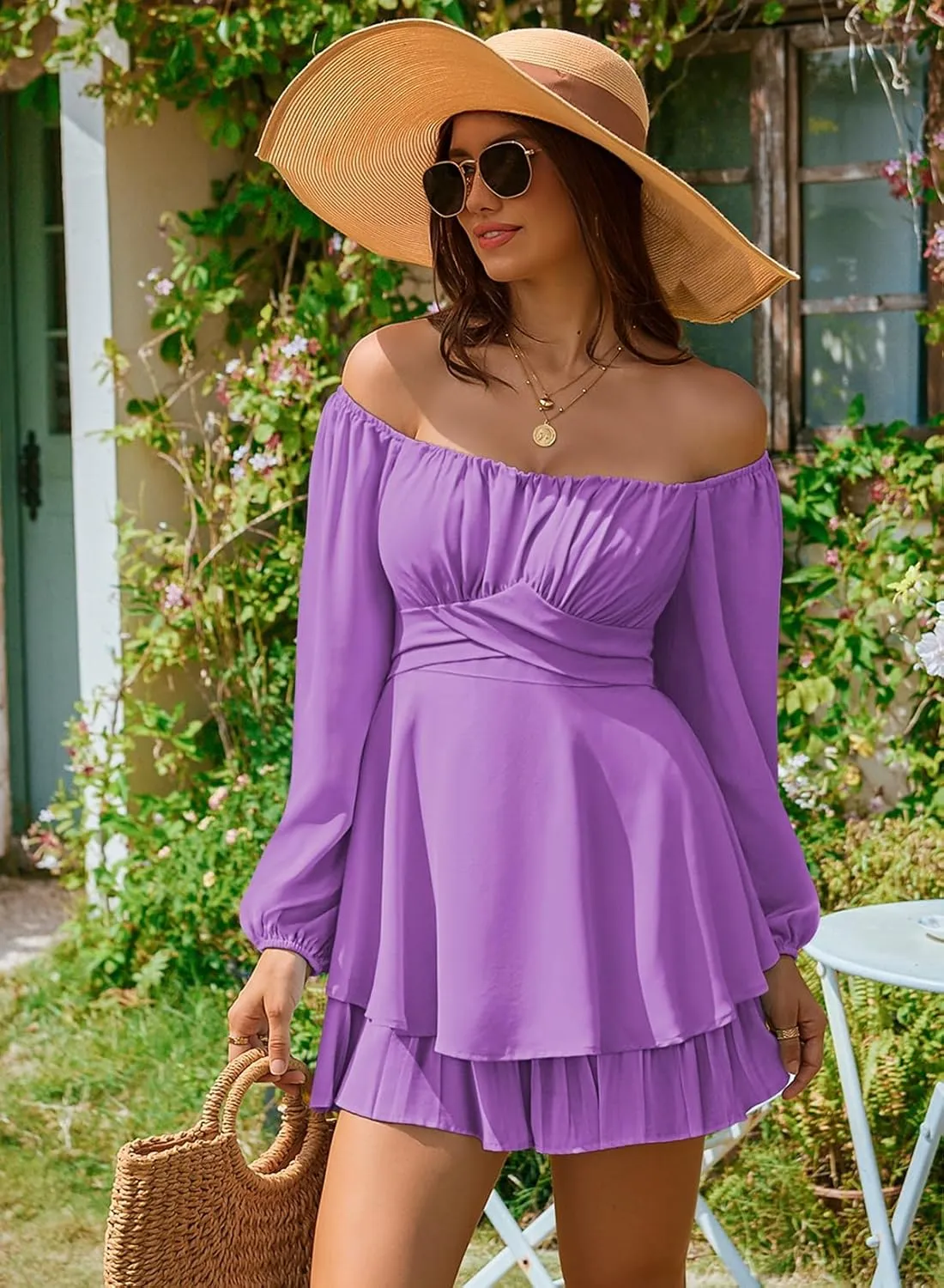 Linsery Womens Ruffle Long Sleeve Short Rompers Sexy Layered Tie Waist Chiffon One Piece Outfits Solid Jumpsuit