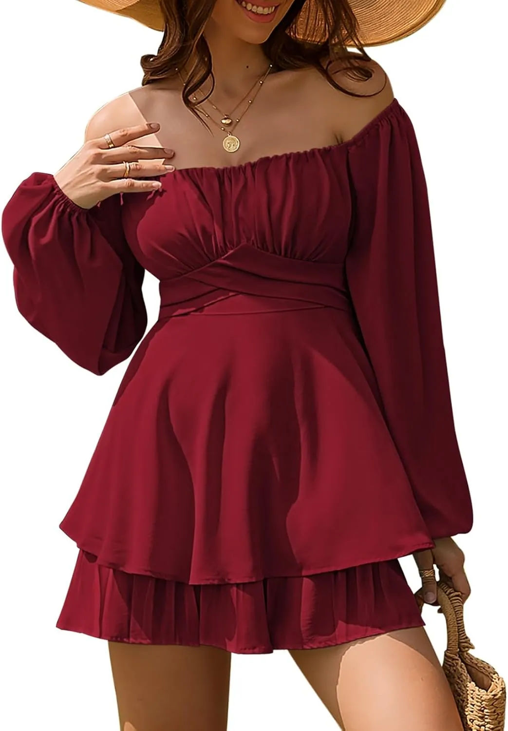 Linsery Womens Ruffle Long Sleeve Short Rompers Sexy Layered Tie Waist Chiffon One Piece Outfits Solid Jumpsuit